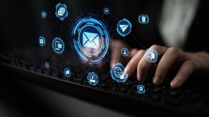 Email icons show digital communication, email service, and inbox management. Email supports online messaging, email notification, and secure exchange. Entice