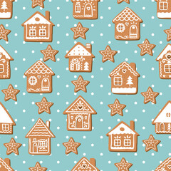 Seamless pattern of Christmas gingerbread houses and stars. Sweet Christmas pattern on blue background