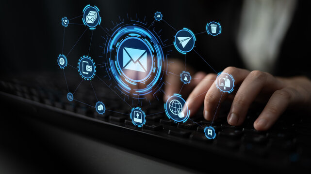 Email icons show digital communication, email service, and inbox management. Email supports online messaging, email notification, and secure exchange. Entice - Powered by Adobe