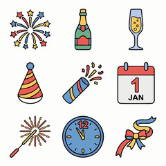 New Year Celebration Icons Set – Fireworks, Champagne, Party Hat, Calendar and Festive Elements Vector Illustration