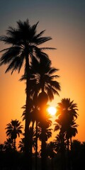 Tall palm trees with fronds reaching towards the sun, showcasing their unique silhouette against a vibrant sunset,  twilight,  scenic