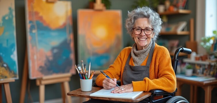 Elderly woman sits in wheelchair drawing with pen on paper. She wears glasses and an orange sweater. Art supplies fill a cup near her hand. Paintings stand on easels in the background.