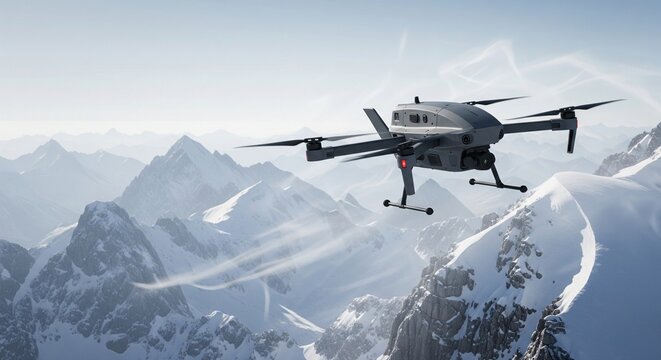 Professional grey drone flying over snowy mountain peaks in cold winter alpine landscape - Powered by Adobe