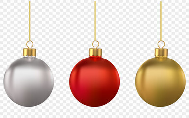 Shiny 3D Christmas balls in red, silver, and gold; round, shiny spheres.