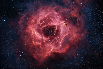 Rosette Nebula; swirling, fiery red and blue cosmic dust and gas forming a celestial rose