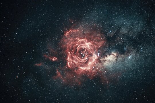 Rosette Nebula is a cosmic rose with red and white hues against a starry night sky