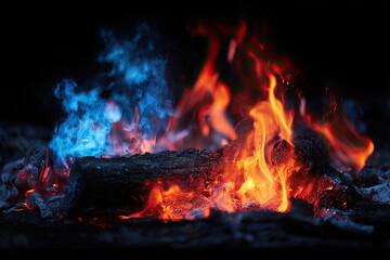 Burning wood, vibrant flames, colorful smoke