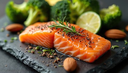 Salmon fillet with herbs sits on a stone board with broccoli, lime and almonds. Healthy eating food concept. Seafood meal rich in protein. Raw diet dish for gourmet.