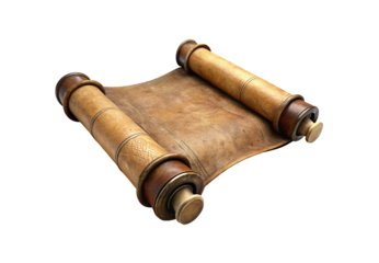 Antique open scroll manuscript with wooden cylindrical handles and aged parchment paper surface, isolated on a transparent background