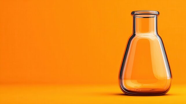 A detailed studio shot of a clear glass laboratory flask filled with a transparent orange liquid, set against a vibrant, seamless orange backdrop.