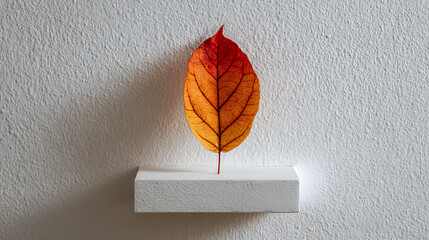 Autumn leaf on white shelf against textured wall orange yellow