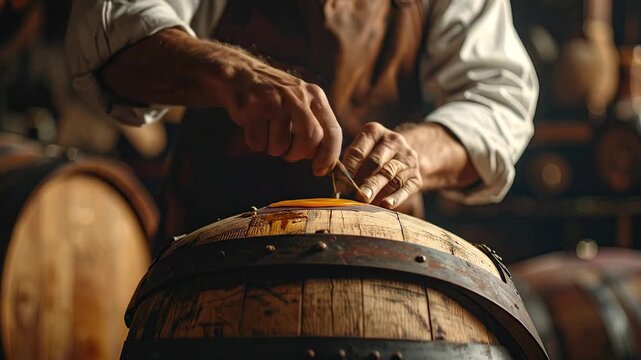 Skilled Cooper Meticulously Sealing a Traditional Oak Barrel in a Cellar.