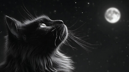 Black cat gazes at luminous moon amidst starry night sky stars
