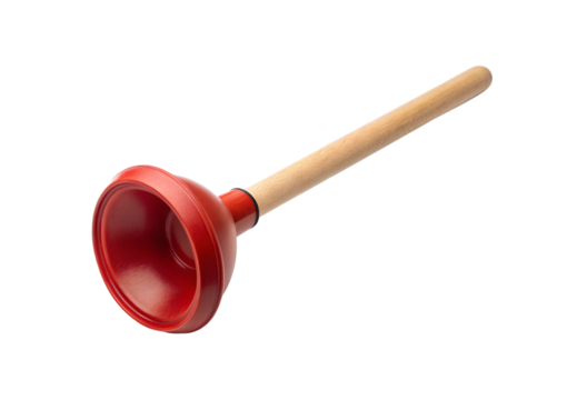 Red toilet plunger at angle showing suction cup, isolated on a transparent background