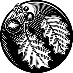 Black and white woodcut style illustration of holly leaves and berries in a circle