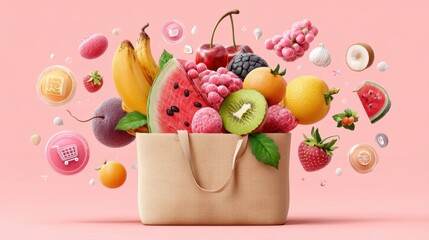 A vibrant tote bag filled with assorted fresh fruits floats against a pink background, surrounded by digital icons and bubbles.