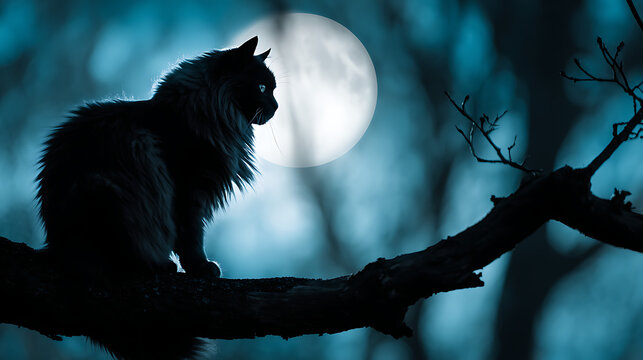 Black cat perched on branch under full moon feline animal