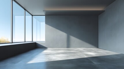 Fototapeta premium Spacious empty modern room with concrete walls and large panoramic windows casting sunlight and shadows.