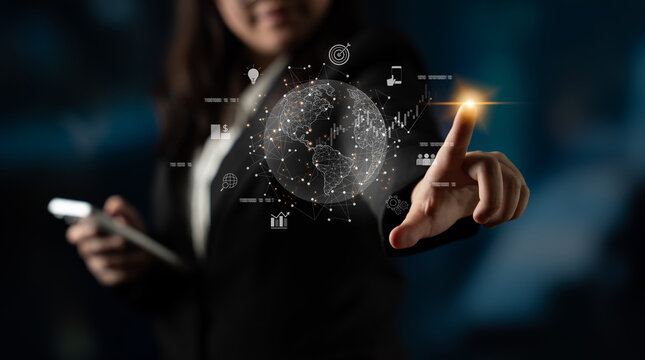 Global business network connecting digital economy and data exchange. Global business expands market, business shares data, global drives finance, and global business supports insight. Latch