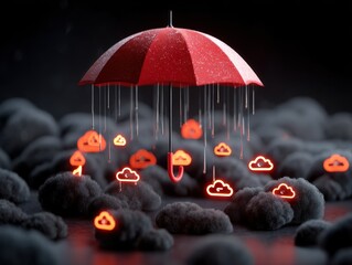 A red umbrella shields glowing neon cloud icons from dark fluffy clouds and rain, symbolizing protection from digital or conceptual storms.