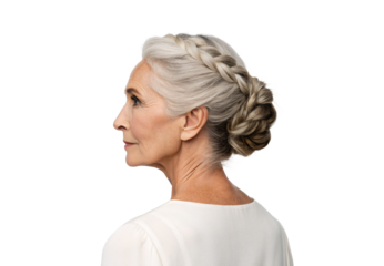 Elegant mature woman with silver braided updo hairstyle, profile view, isolated on a transparent background