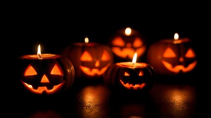 Spooky carved Halloween pumpkins glowing in the dark with candlelight.