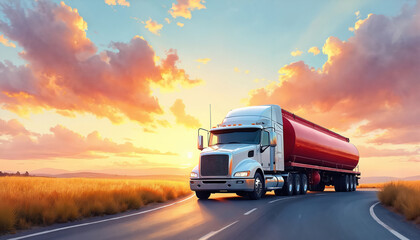 Illustration shows tanker truck transporting fuel on road at sunset. Sky shows warm sunset colours. Rural scene features energy logistic, distribution with cargo delivery industry, gasoline service.
