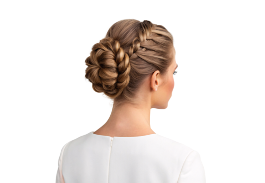 Young woman with intricate braided bun hairstyle viewed from behind, isolated on a transparent background