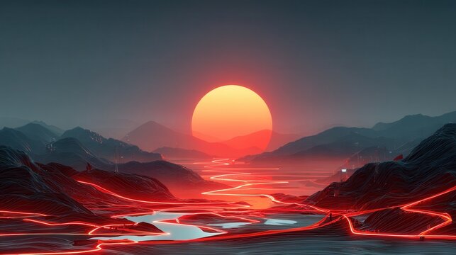 A futuristic sunset illuminates a glowing, winding river flowing through dark, jagged mountains with vibrant red and blue neon accents.