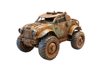Rusty post-apocalyptic armored vehicle with large tires and weathered exterior, isolated on a transparent background