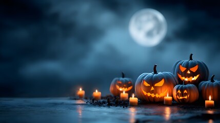 Spooky Halloween Jack O Lanterns with glowing faces under a full moon.