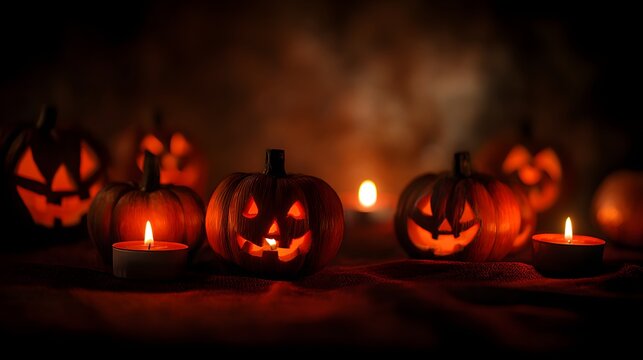 Spooky Halloween Jack O Lanterns glowing in a dark and smoky room. - Powered by Adobe