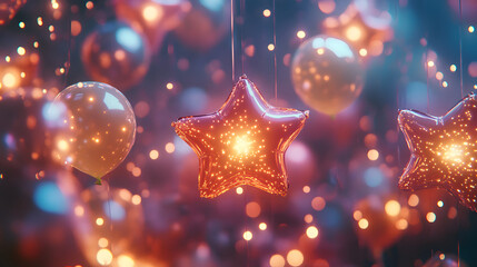 Closeup of sparkling star and round balloons illuminated by warm bokeh lights, creating a magical and festive atmosphere for celebrations