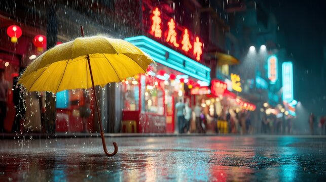 A vibrant yellow umbrella stands open on a rainy neon-lit city street with blurred colorful signs and people in the background.
