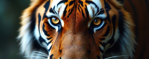 Close up photo shows tiger face. Focus on eyes animal details. Vibrant colors and detailed fur texture create striking wildcat portrait. Predator gaze exudes intensity and power.