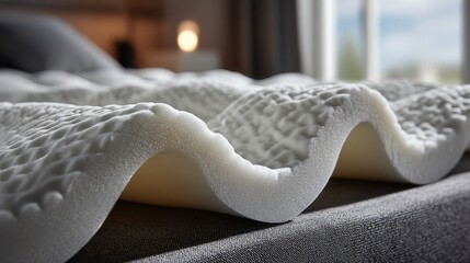 Textured white memory foam mattress topper on a gray bed. Ideal for sleep comfort ads or ergonomic product marketing.