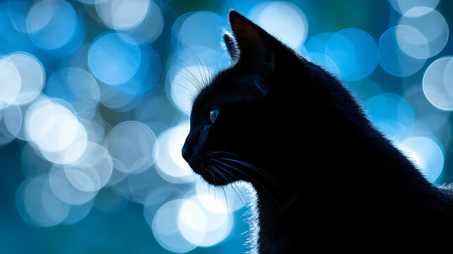 Black feline profile against luminous blue bokeh black cat silhouette - Powered by Adobe