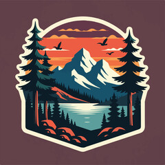 Vintage logo badge of mountain pine tree forest and lake river. Rustic retro old emblem editable vector illustration