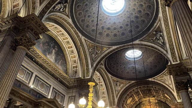 La Madeleine Church (&Eacute;glise de la Madeleine) in Paris, France, featuring its neoclassical columns and grand fa&ccedil;ade, ideal for travel, history, and European heritage footage.