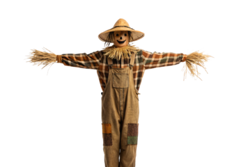 Scarecrow with straw hat and plaid shirt, arms outstretched wide, isolated on a transparent background