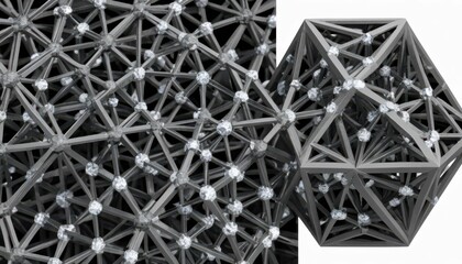 Complex metallic structure with spherical elements and geometric patterns in grey tones