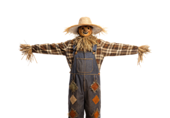 Friendly scarecrow wearing denim overalls and checkered flannel shirt with patches, isolated on a transparent background
