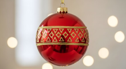 Elegant red and gold christmas ornament hanging with bokeh lights background