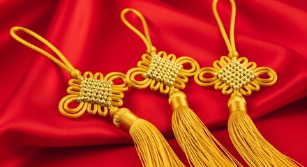 Three golden chinese knots on red silk fabric traditional decorative ornaments
