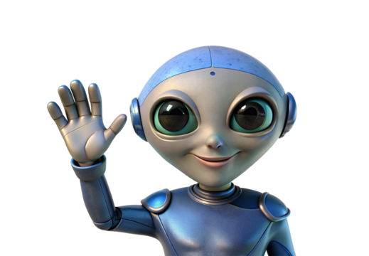 Friendly cartoon robot character with blue body waving hand cheerfully, isolated on a transparent background
