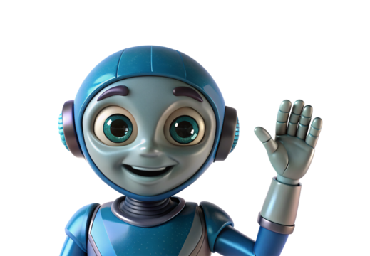 Smiling animated robot with large green eyes and blue helmet waving, isolated on a transparent background