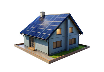 Contemporary residential home featuring complete solar panel coverage on sloped roof, isolated on a transparent background