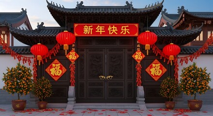 Chinese new year decoration at traditional building entrance with red lanterns and flowers