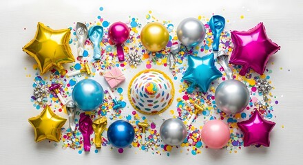 Festive celebration colorful balloons and confetti on a white textured background