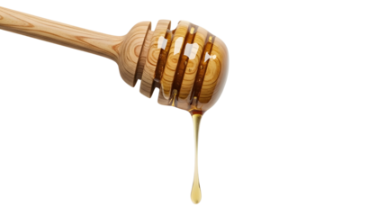 Golden honey dripping from a wooden dipper, a sweet and delicious treat, perfect for breakfast, baking, or adding natural sweetness to your favorite recipes and beverages